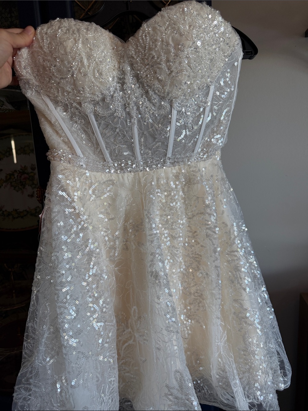 KISSPROM Lace Sequin Mini Dress in White Detachable Sleeves NWT